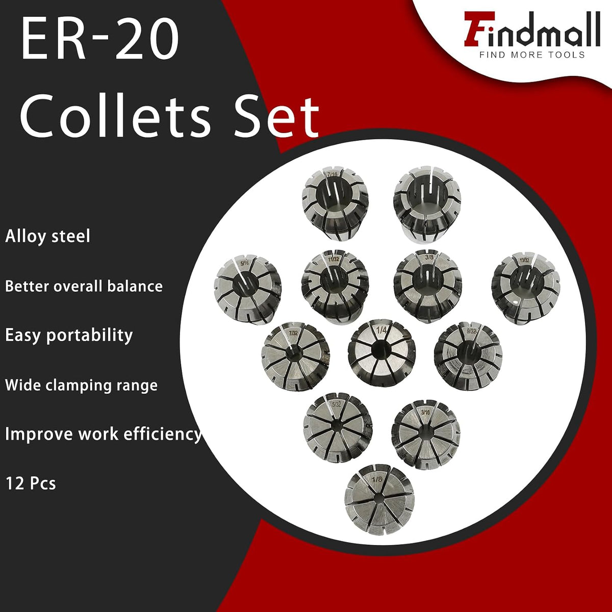 findmall 12 PCS 1/8"-1/2" ER-20 Collets Set