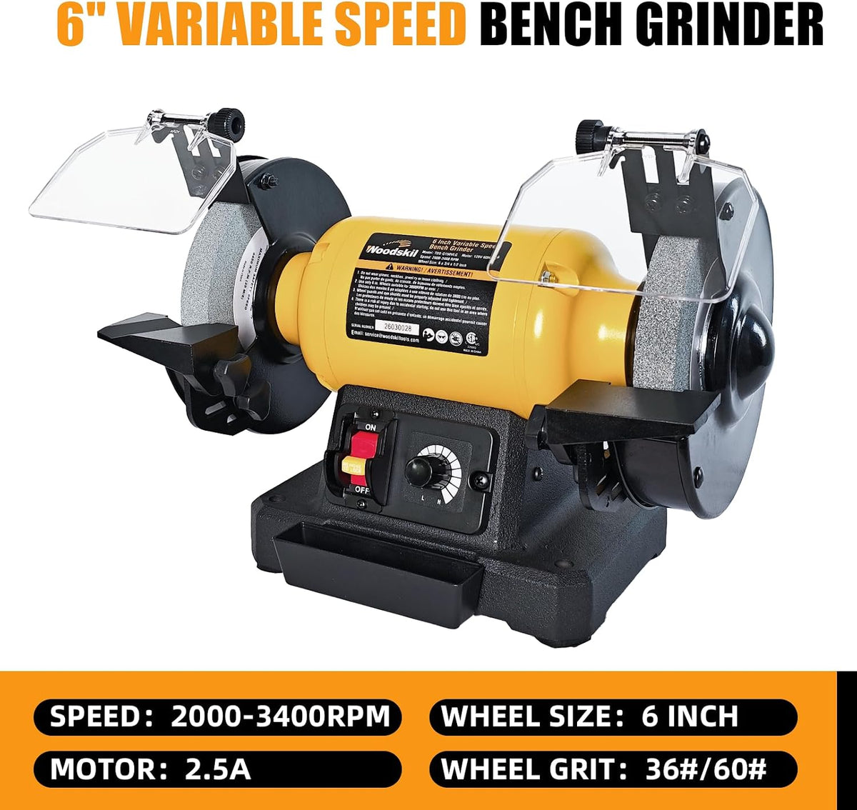 6" 2.5A Variable Speed Bench Grinder for Sharpening,2000–3400 RPM | Table Grinder with 36&60 Grit AO