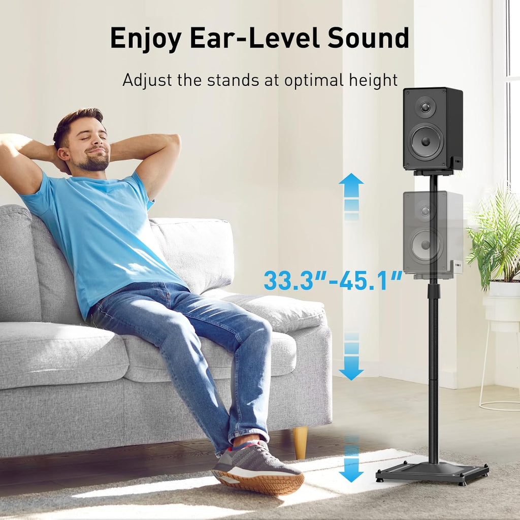 Universal Speaker Stands for Surround Sound -Height Adjustable Extend 33.3”to 45.1”, Floor Speaker Stand for