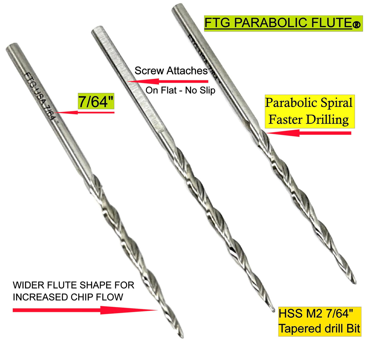 FTG USA 3 Pk #4 (7/64") HSS M2 Tapered Replacement Bits for TCT Countersink