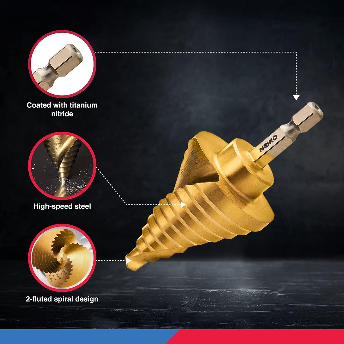 NEIKO 10174A Step Drill Bit, 10 Steps 1/4" to 1-3/8" Straight High Speed Steel, Titanium Nitride Coated, 1/4" Quick Change Step Bits for Steel, Metal, Wood, Plastic, Unibit Cone Drill Bits, Two Flute