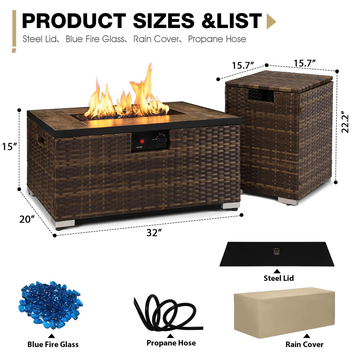 32'' Rattan Wicker Propane Fire Pit Table w/Tank Holder Rectangle