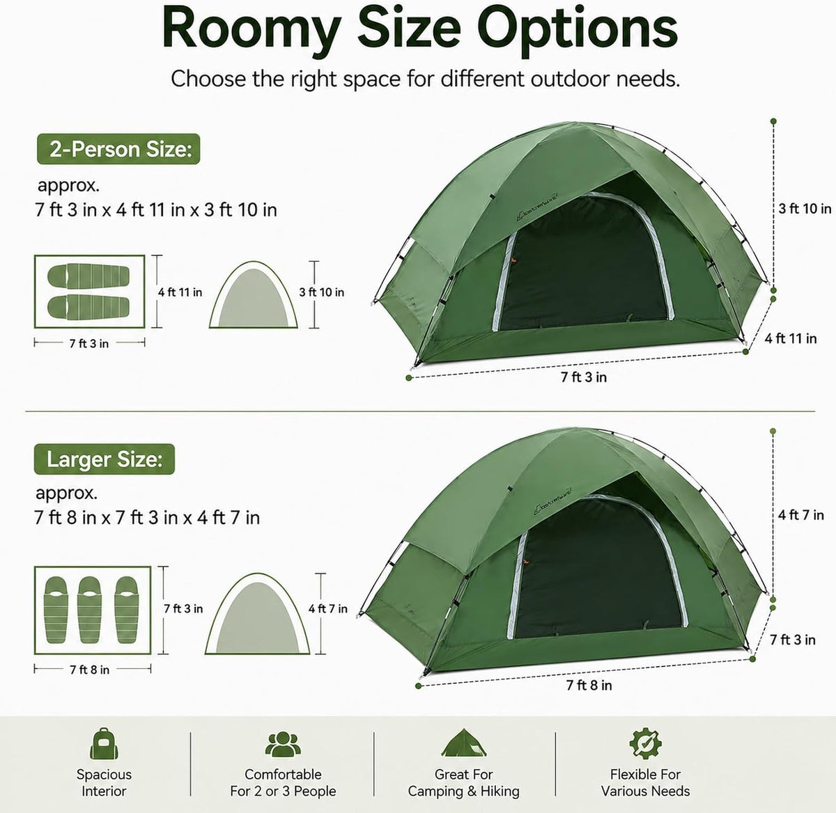 Green Camping Tent for 2 to 3 Person, Portable Outdoor Tent with Carry Bag, Reinforced Sealed Corners for Camping