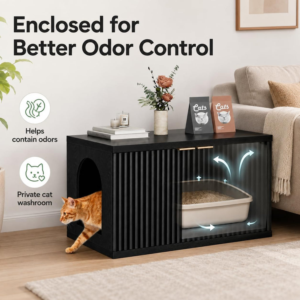 Cat Litter Box Enclosure,Modern Fluted Accent,Black