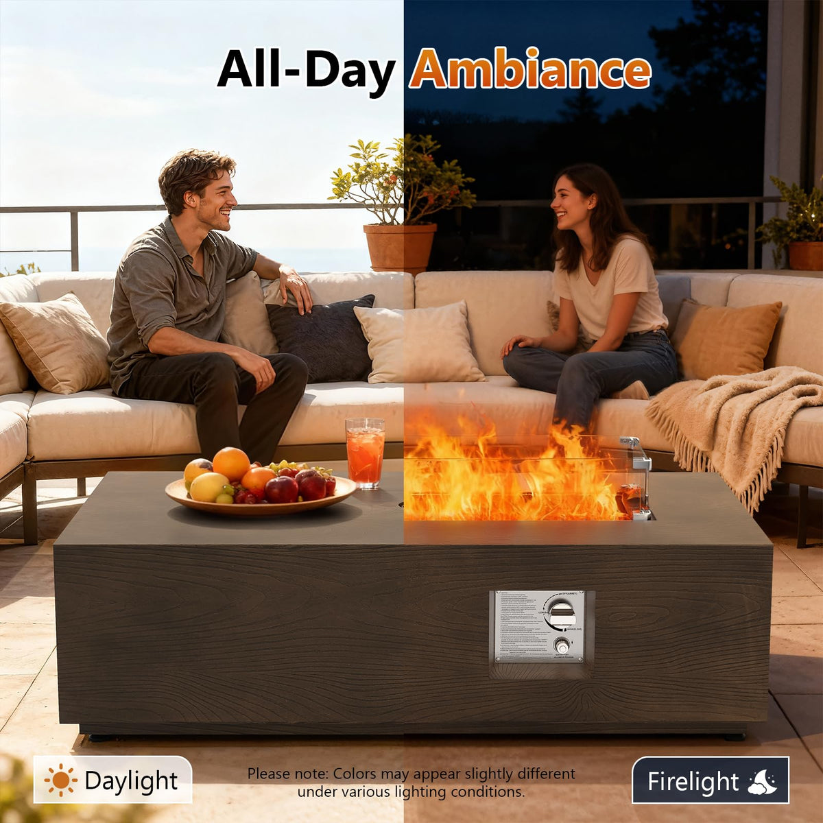 2-Piece 42" Rectangular Propane Fire Pit Table for Outside Patio 50,000 BTU