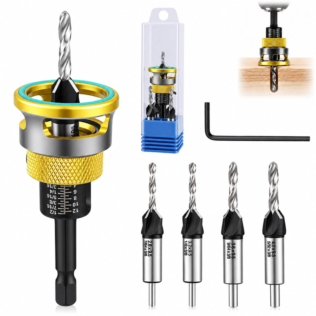 Countersink Drill Bits Set with Adjustable Depth Stop, Yellow
