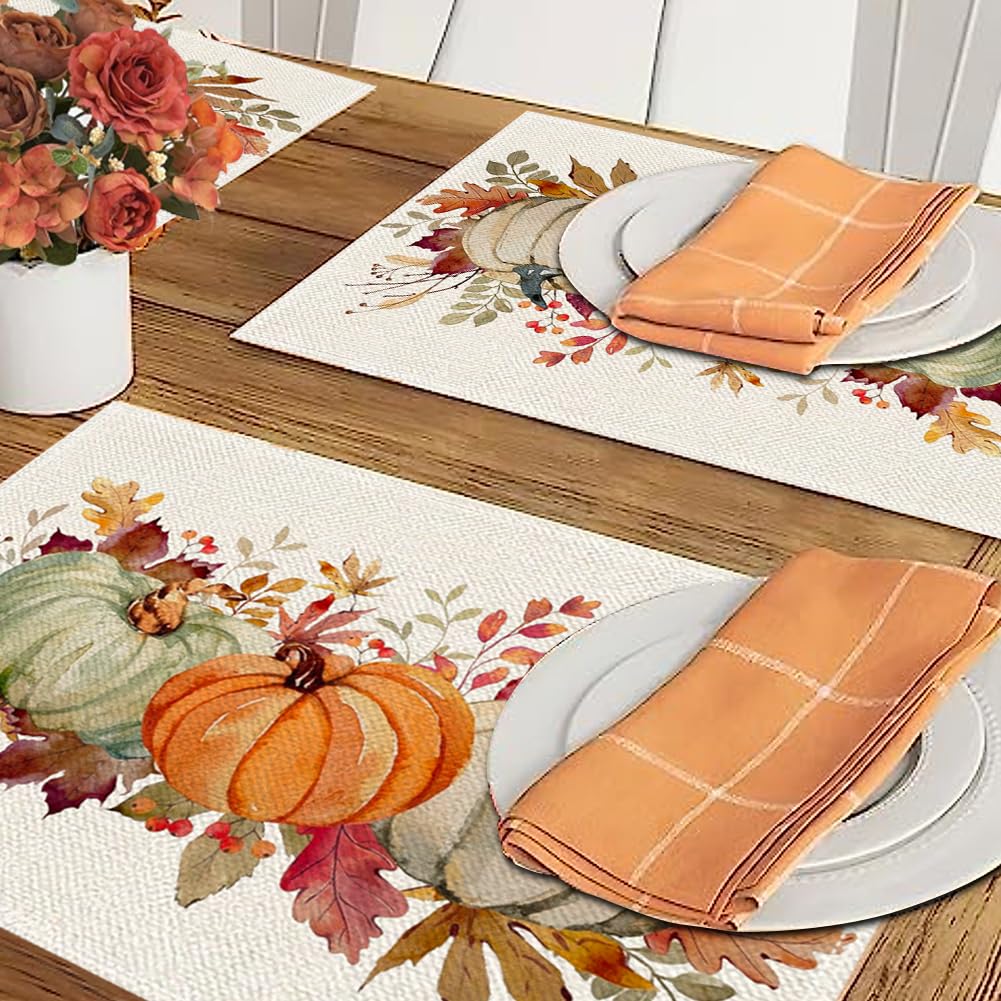 Orange Pumpkins Leaves Fall Placemats Set of 4
