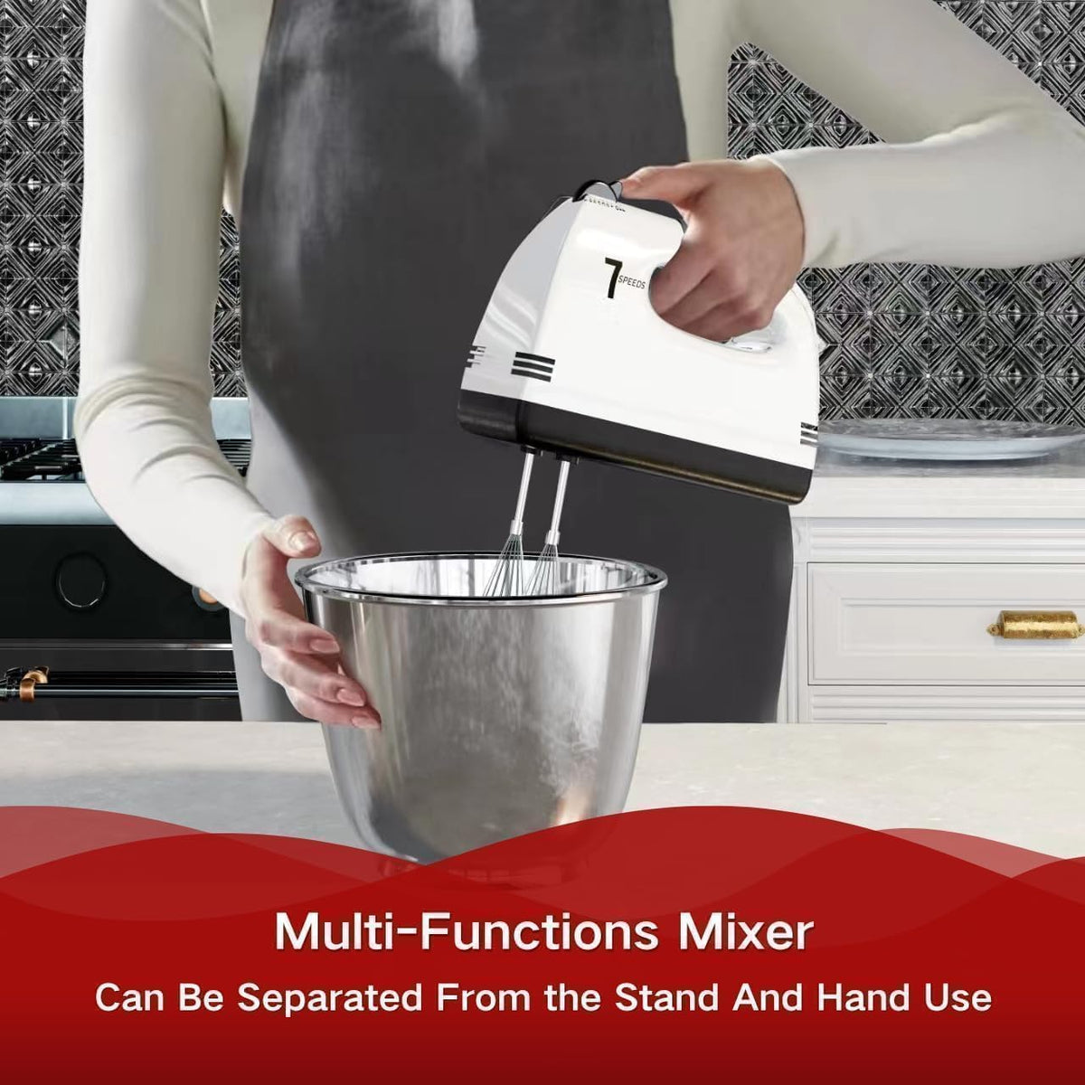 Stand Mixers, 7 Speeds With 3QT Stainless Steel Bowl, Stand and Hand Mixer with Dough Hook, Whisk, Mixing Beater for