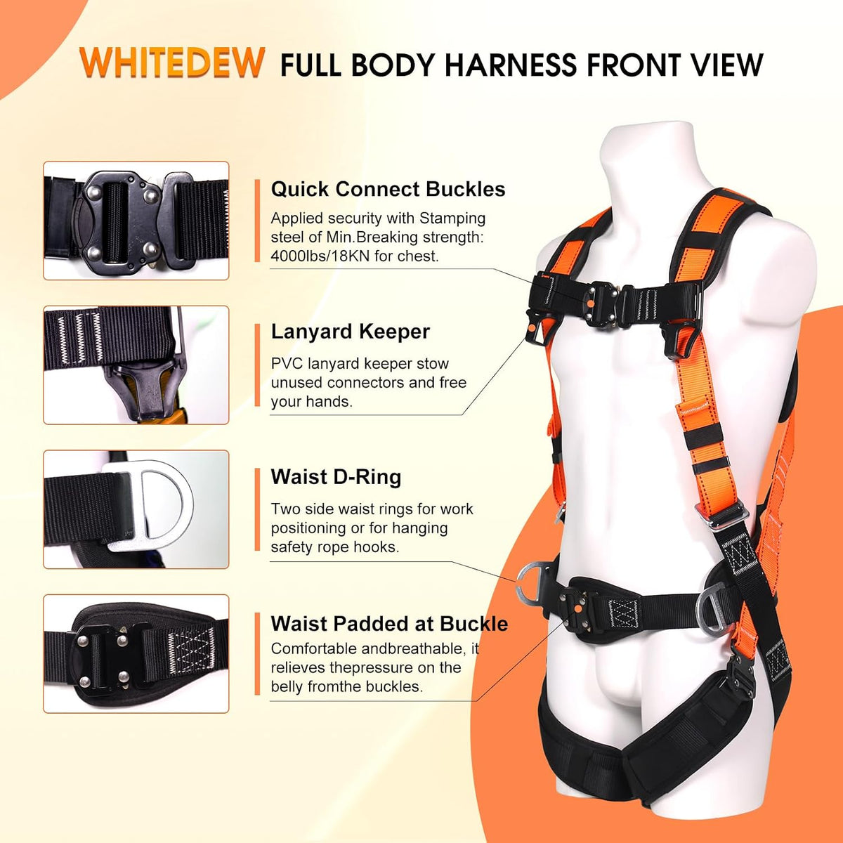 Fall Protection Premium Safety Harness with Shock Absorbing Lanyard, Vented & Padded Shoulder, Legs & Back - Upgrade