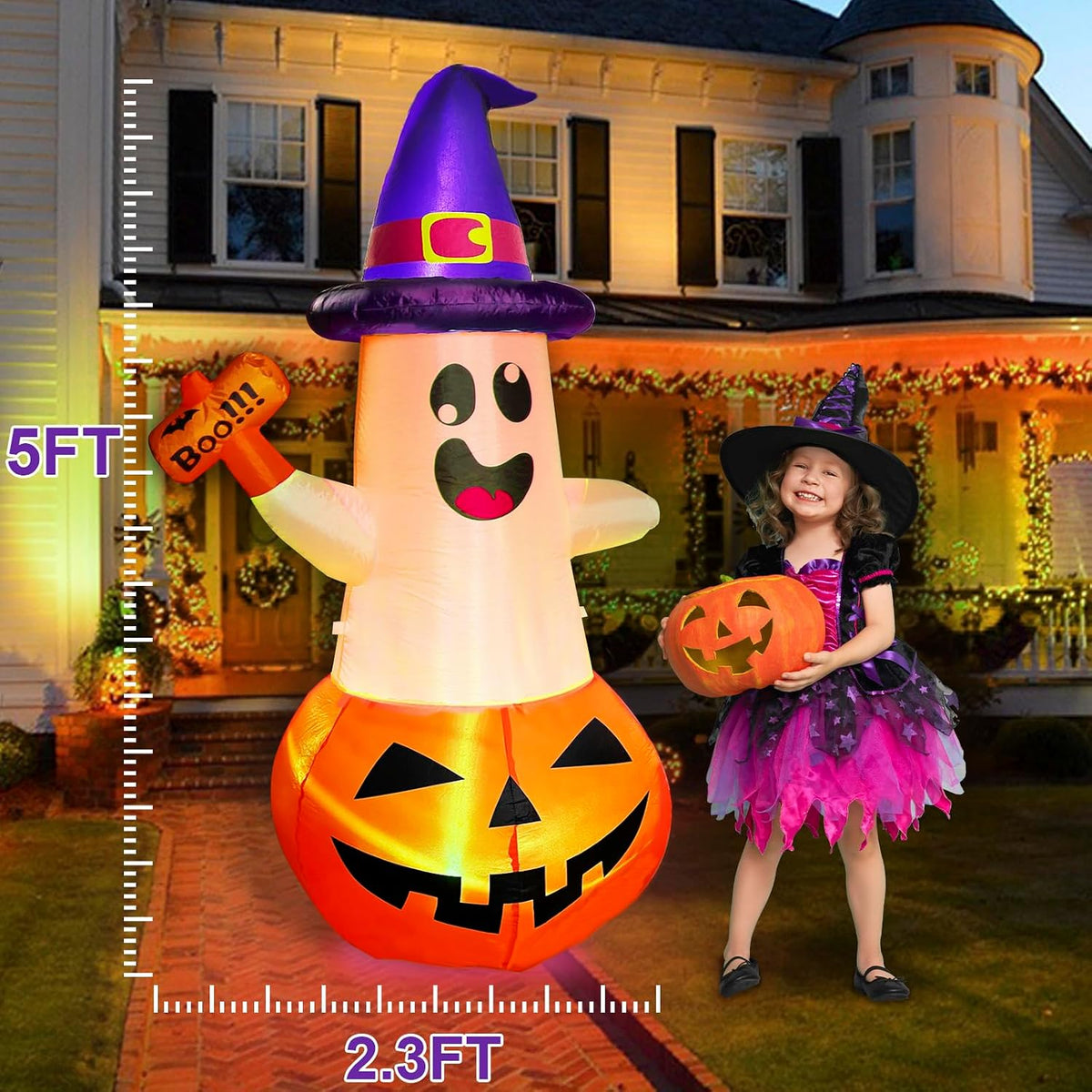 5FT Halloween Inflatables Decorations Outdoor Pumpkin Ghost with Multi-Color Flashing Build-in LED Blow Up Yard Decor