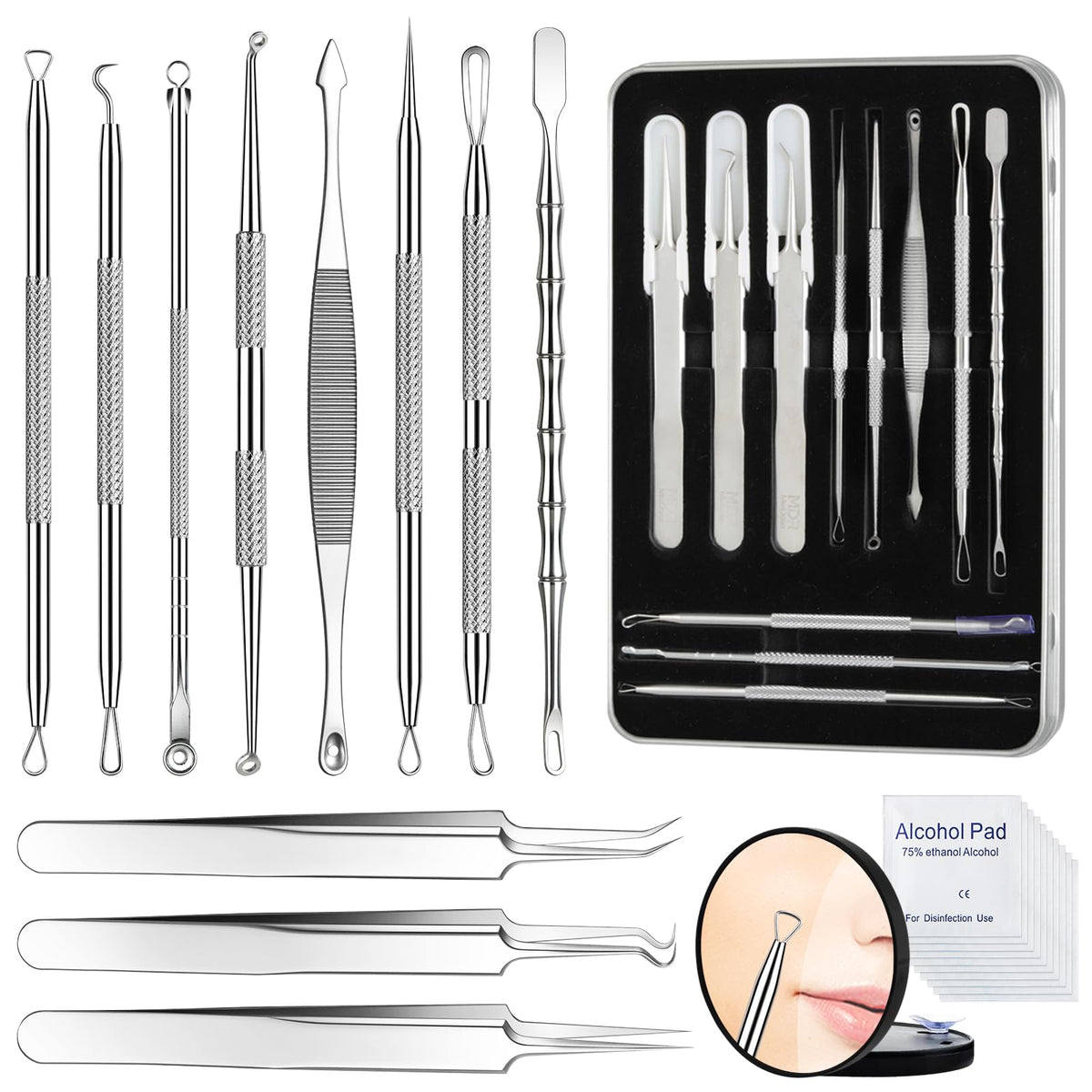 11Pcs Blackhead Remover Kit, Stainless Steel Acne Comedone Extractor with 10X Magnifying Glass & 20 75% Alcohol Pads