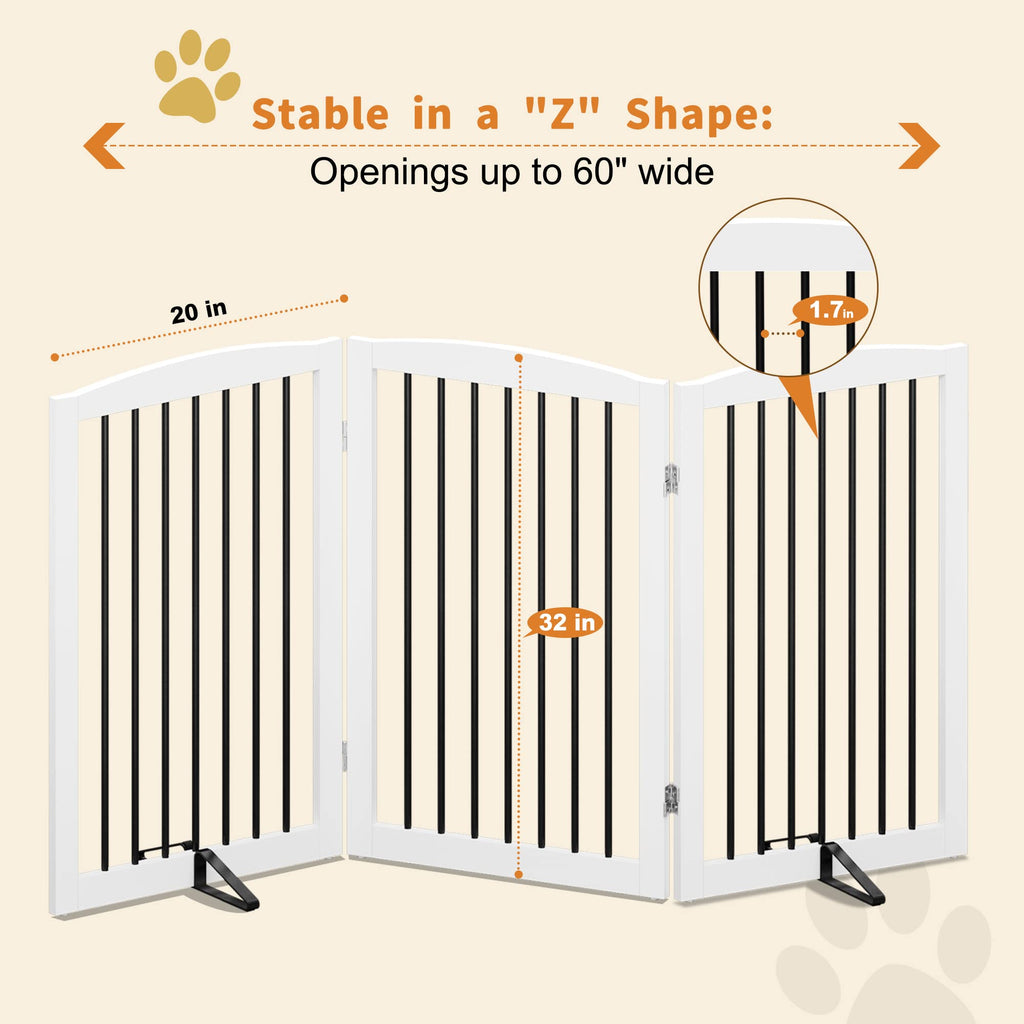 Freestanding Solid Wood Folding Pet & Dog Barrier Gate with Support Feet for Wide Indoor Openings, Hallways & Stairs
