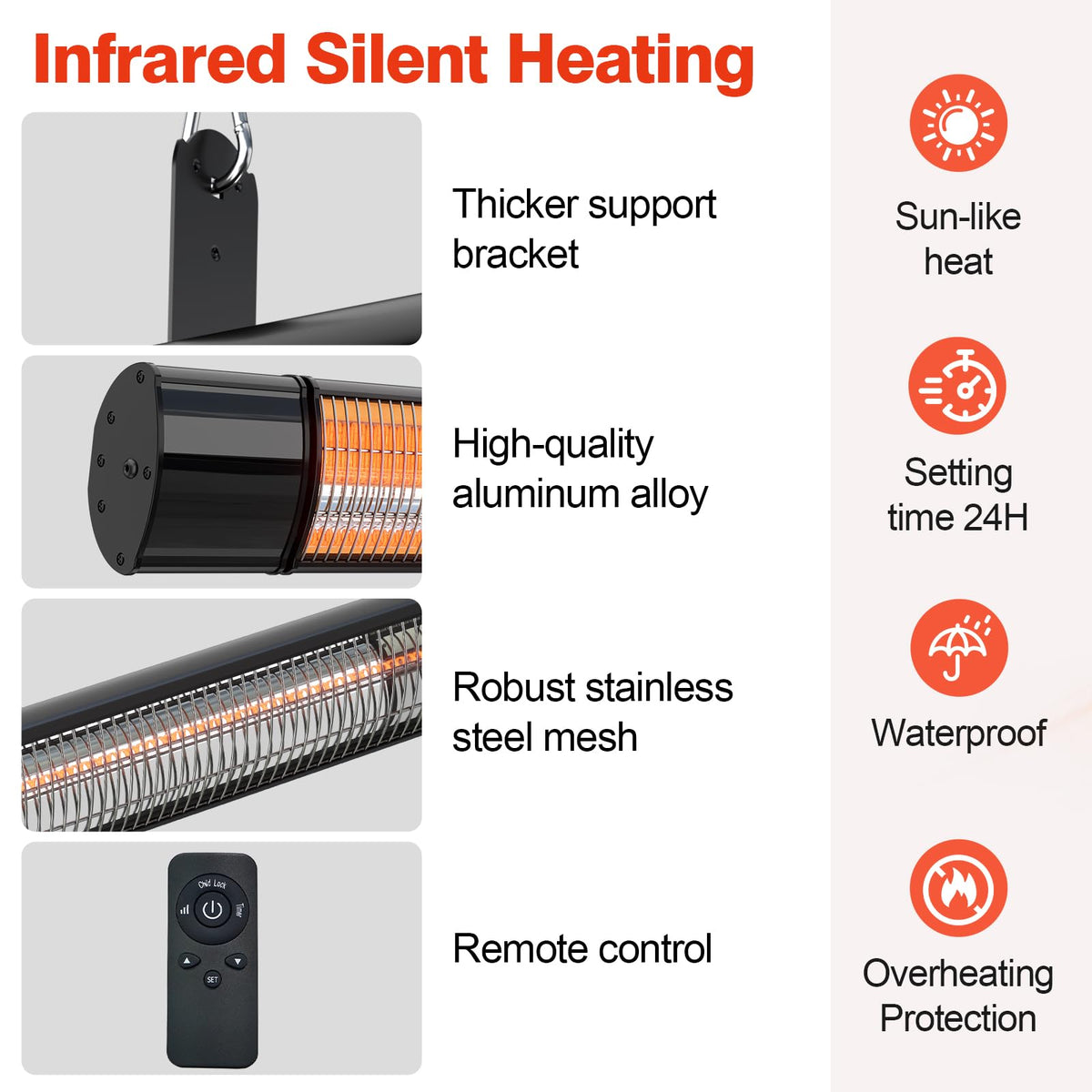 Electric Hanging Patio Heater with remote control, built in Temperature Control, Wall mounted or ceiling mounted