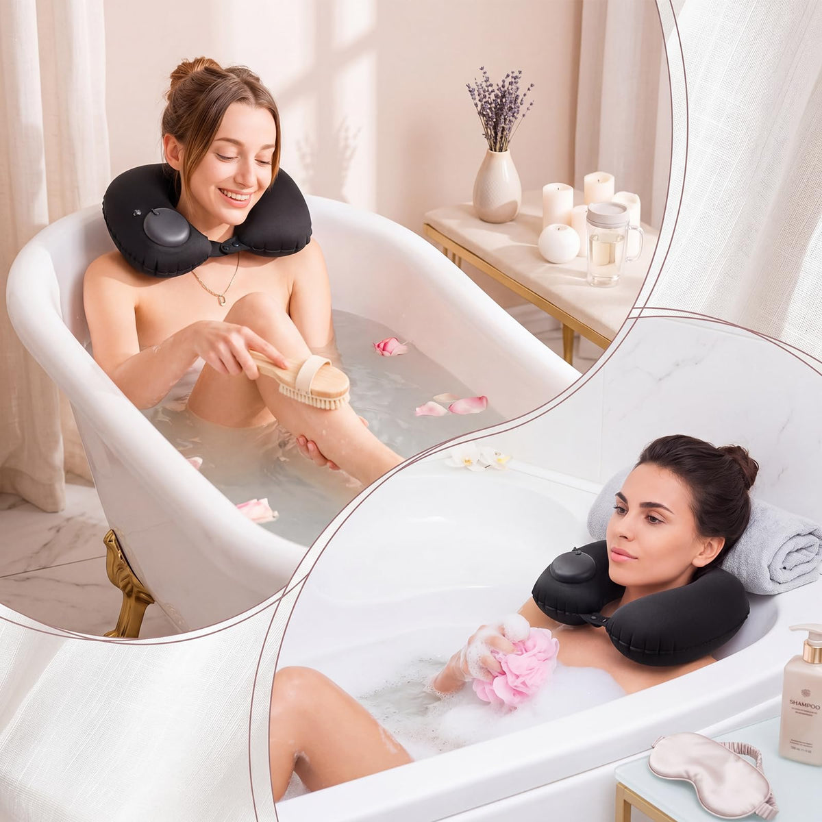 2 Pcs Inflatable Bath Pillows for Tub, U-Shaped Neck & Head Support Cushion, Portable Blow Up Travel Neck Pillow with