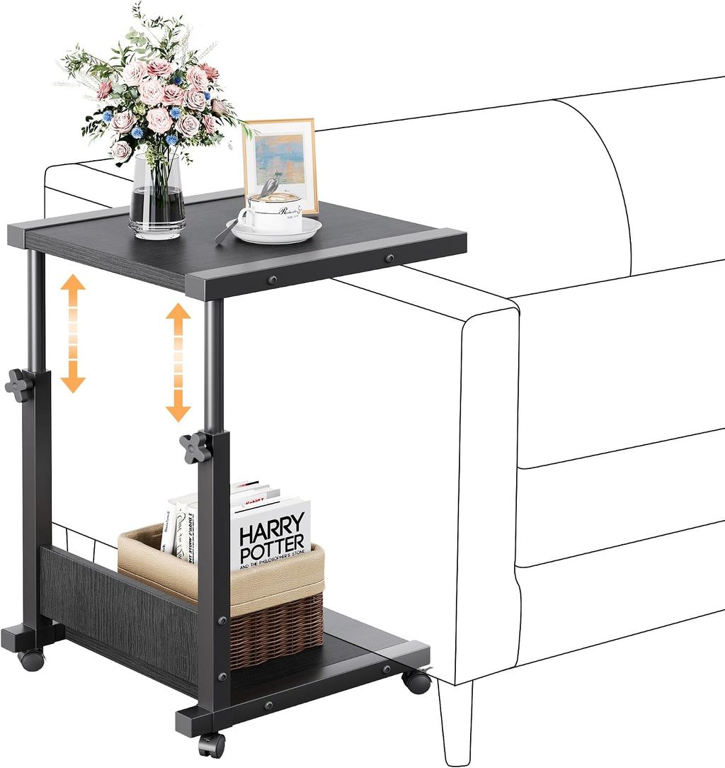 Hospital Bedside Table with Wheels Adjustable Height Sofa Side, Rolling Hospital Table, Mobile Computer Desk Laptop