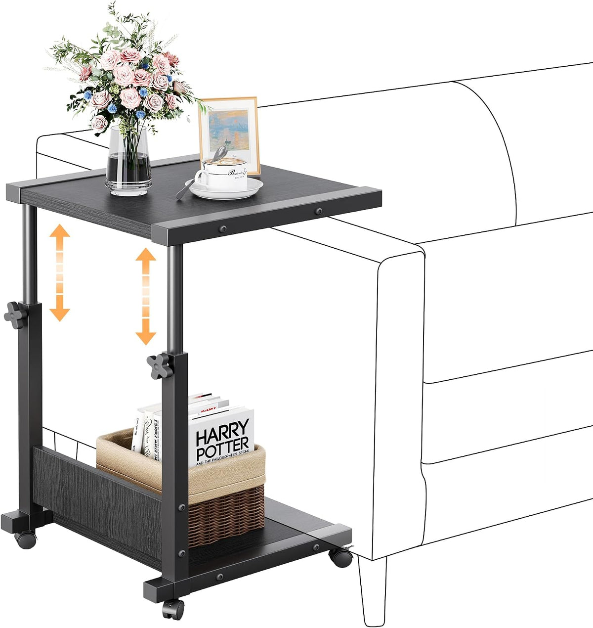 Hospital Bedside Table with Wheels Adjustable Height Sofa Side, Rolling Hospital Table, Mobile Computer Desk Laptop