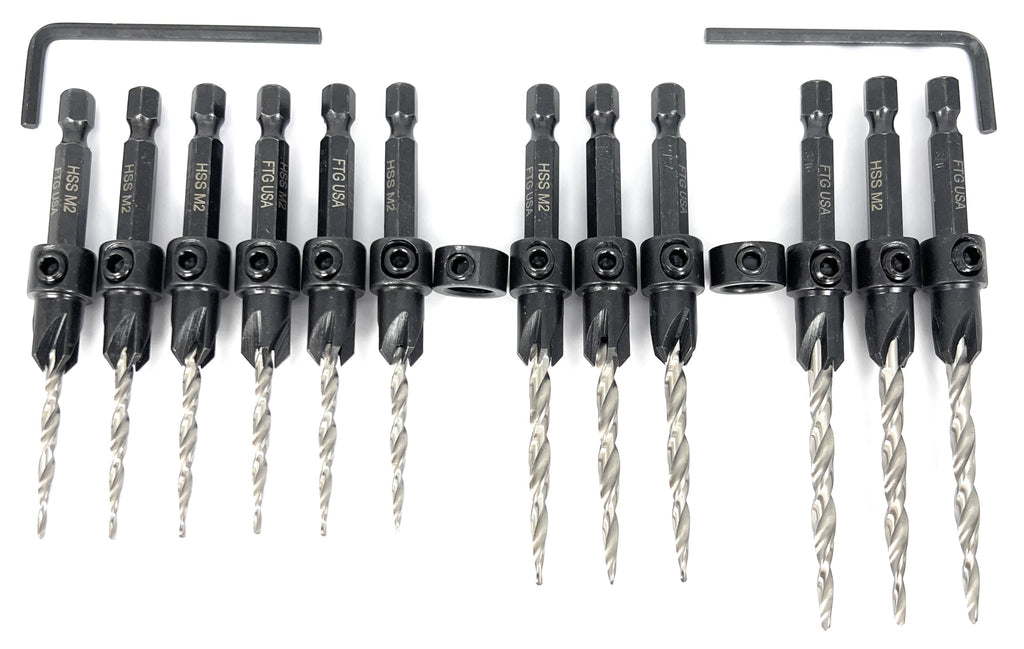 FTG USA Countersink Drill Bit Set 6 Pc #6, 3 Pc #8, 3 Pc #10, Tapered Bits