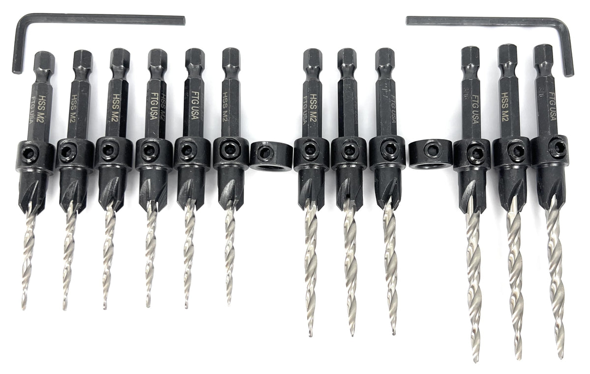 FTG USA Countersink Drill Bit Set 6 Pc #6, 3 Pc #8, 3 Pc #10, Tapered Bits