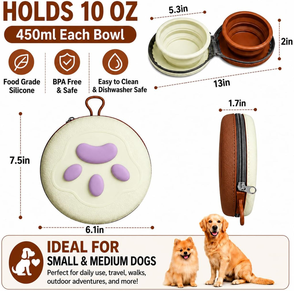 2-in-1 Collapsible Dog Bowls, 450ML Silicone Travel Bowls, Brown and Green