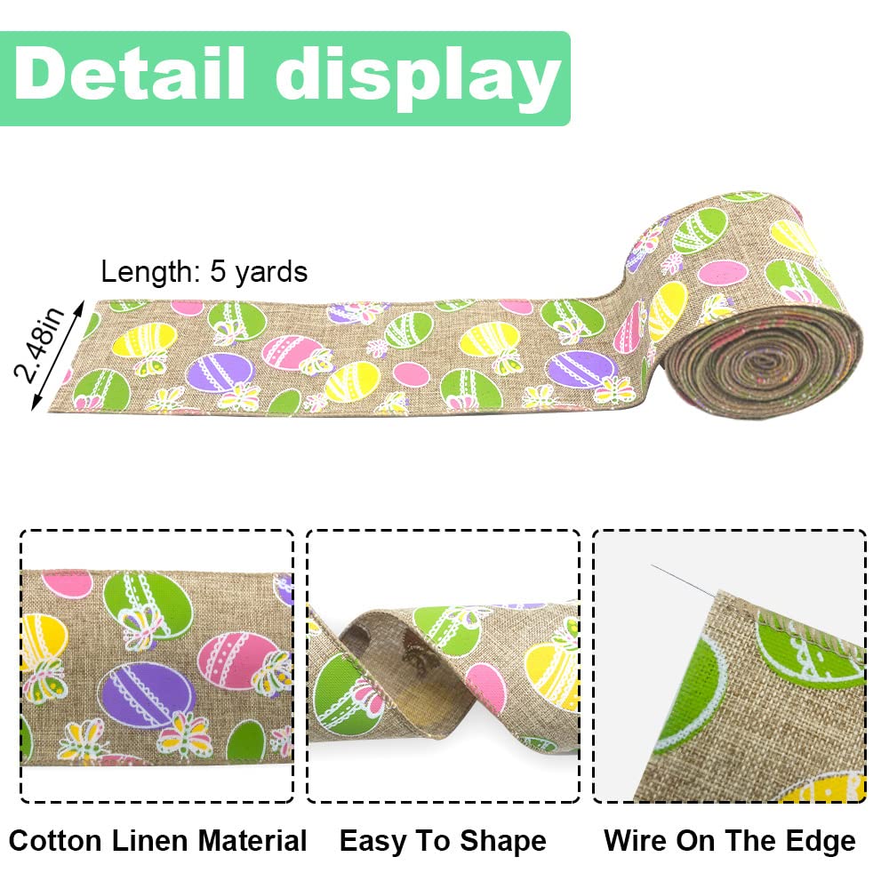 2 Rolls 10 Yards Easter Wired Edge Ribbon, 2.5inch Flaxen Natural Dots Burlap Ribbon Bows for Wreath, Colorful Eggs