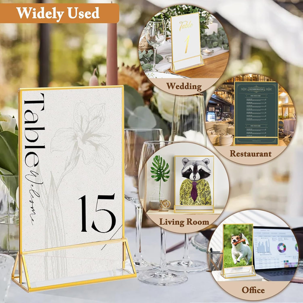 6 Pack 5x7 Inch Clear Acrylic Sign Holders, Gold Border Double-Sided Vertical Picture Frames & Display Stands for