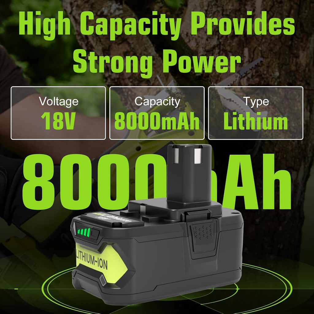 2 Packs 8Ah Replacement for Ryobi 18V Battery P108 and P117 Charger(Green)