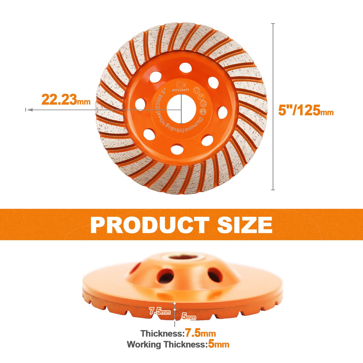Concrete Diamond Turbo Grinding Cup Wheel,BRSCHNITT 5 inch Diamond Turbo Row Cutting Wheel for Grinding/Polishing/Cleaning Surface Grinding Granite,Concrete,Stone,Cement,Marble