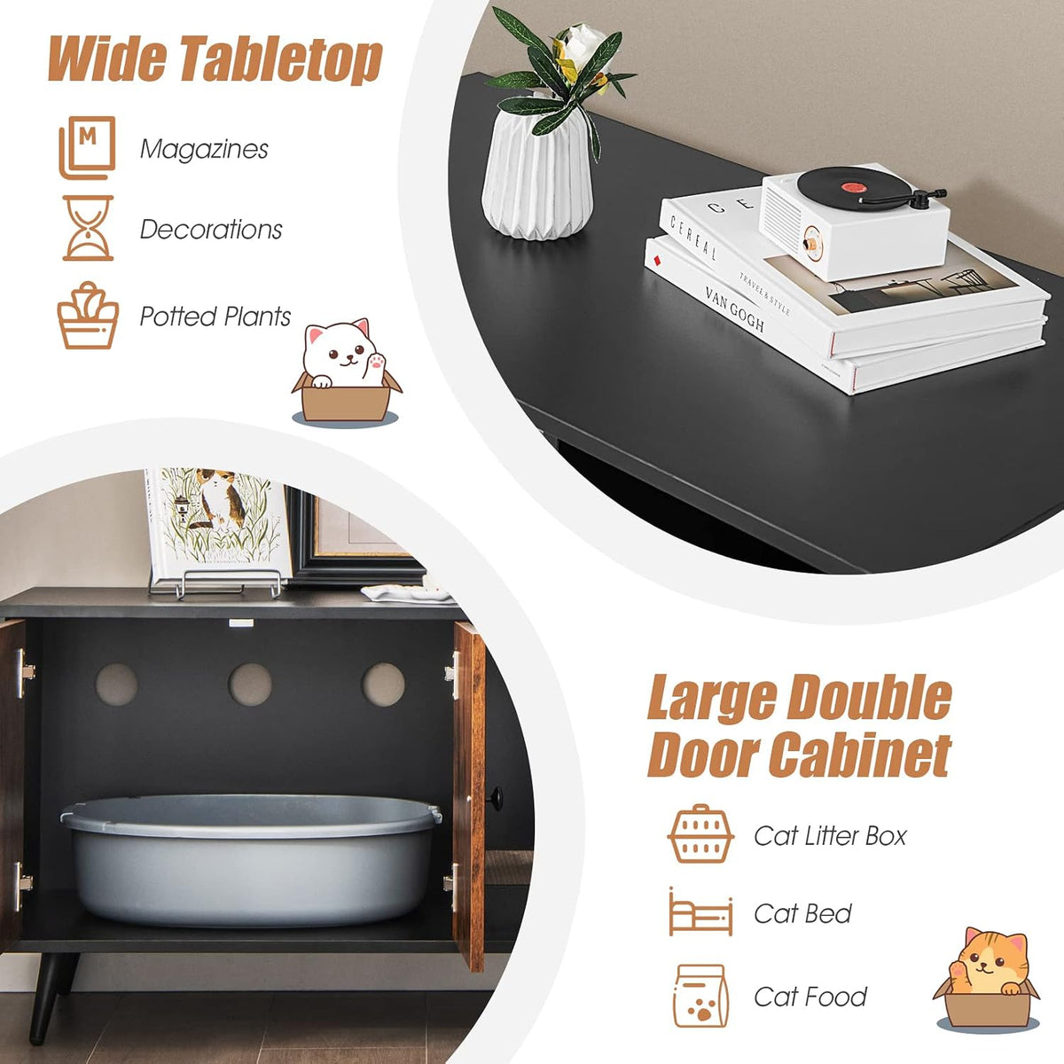 Litter Box Enclosure, Wooden Hidden Litter Box Furniture with Cabinet & Scratching Pad, Stackable Cat Washroom Pet