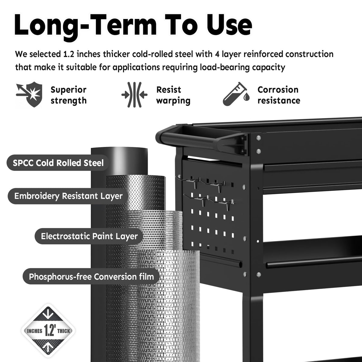 3-Tier Rolling Utility Cart, Metal Tool Cart on Wheels with Lockable-Black