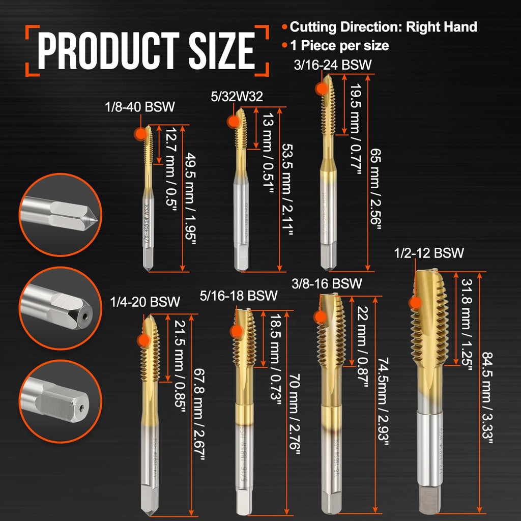 Workkyma 7 Pack Spiral Point Tap High Speed Steel M35 Titanium Coating