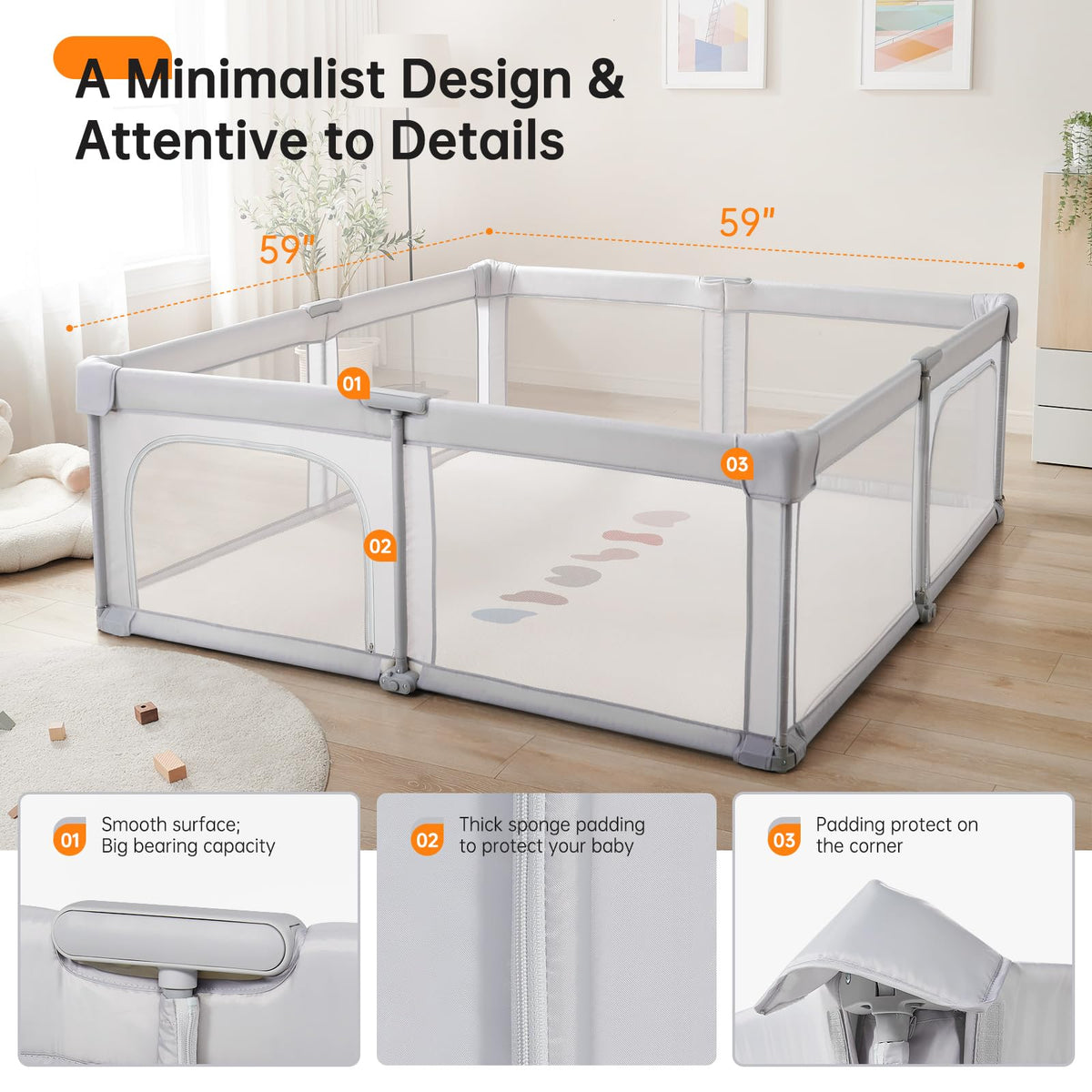 59" x59" Modular Foldable Baby Playpen & Safety Activity Yard with Locking Walk-Through Gate for Infants & Toddlers