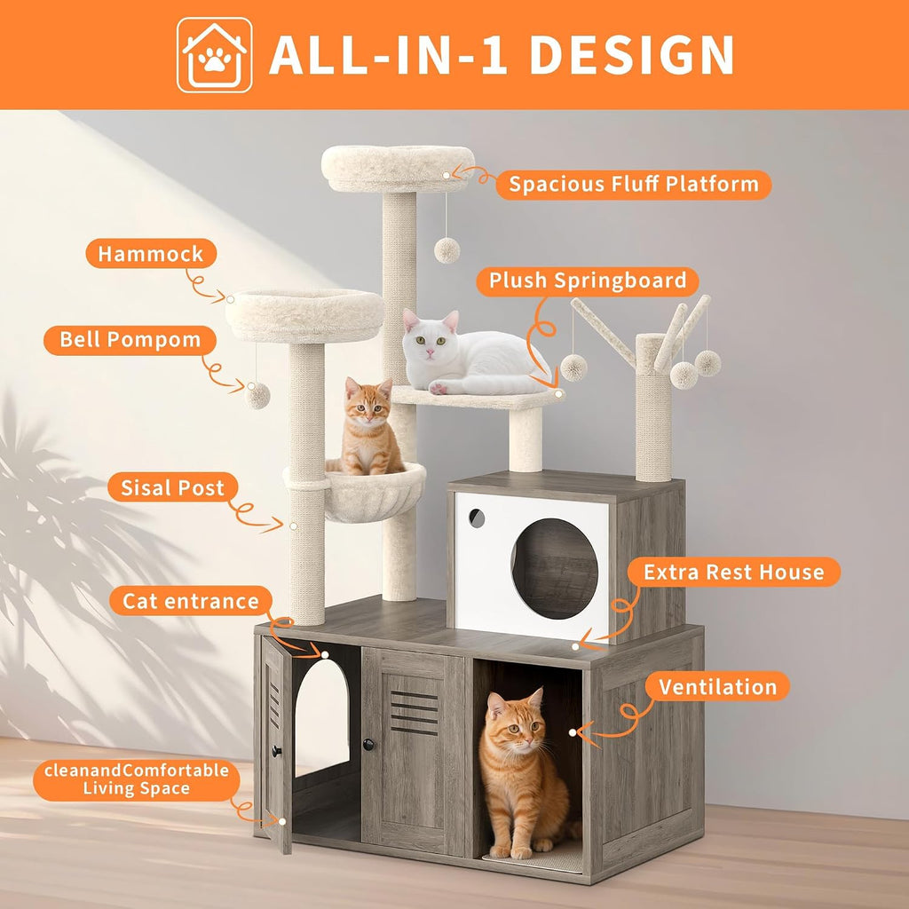 Cat Litter Box Enclosure with Tree Tower and Condo, Multi-Level Cat Tree with Scratching Posts, Cozy Hammock, Hanging