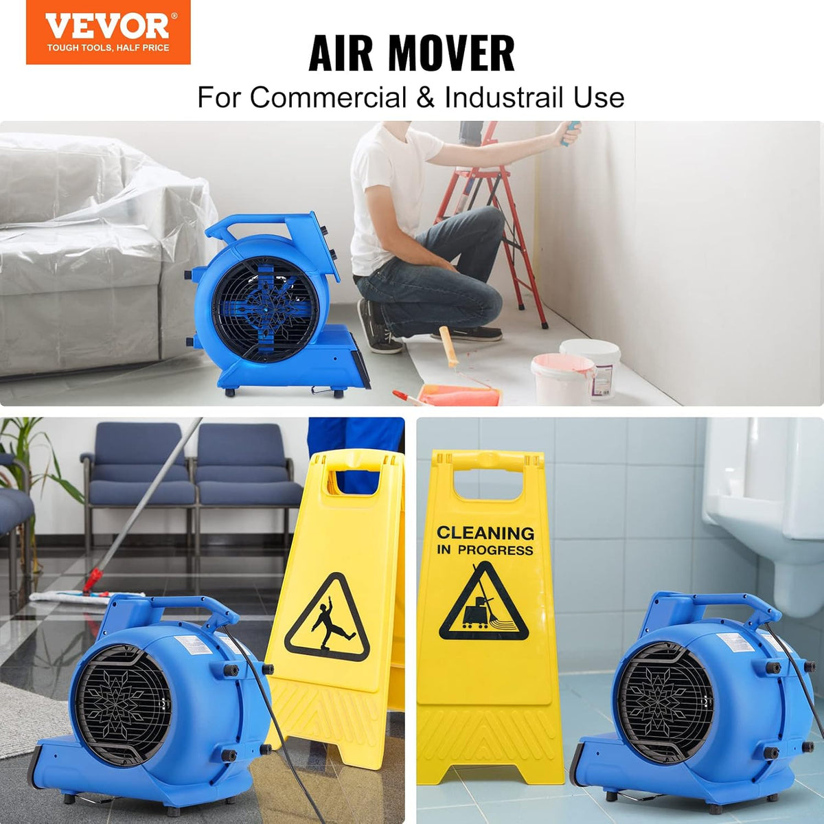 Air Mover, 1/2 HP 2600 CFM Carpet Dryer for Cooling and Ventilating | Portable Floor Blower Fan, 4 Blowing Angles and