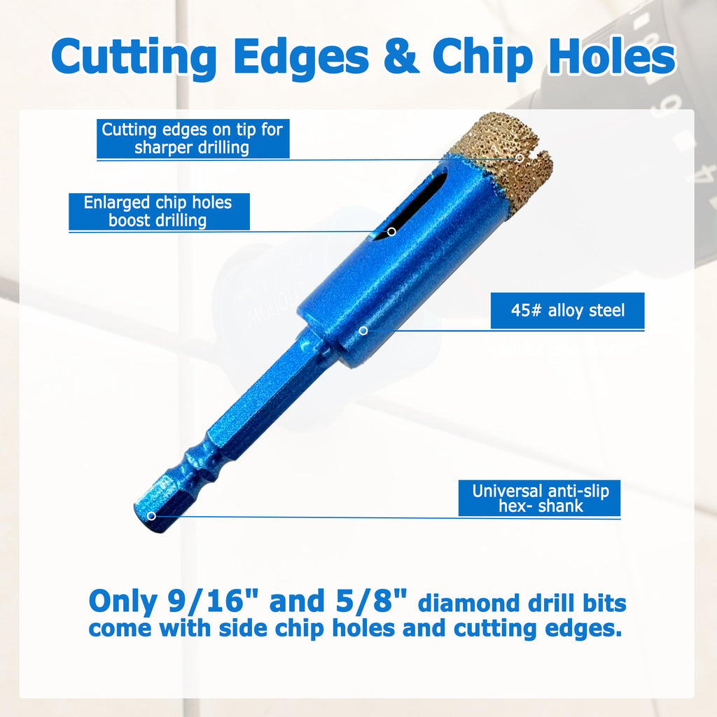 LITDDDW 10-Pack Hex Shank Dry Diamond Drill Bits,7 Mixed Sizes 3/16"-5/8"