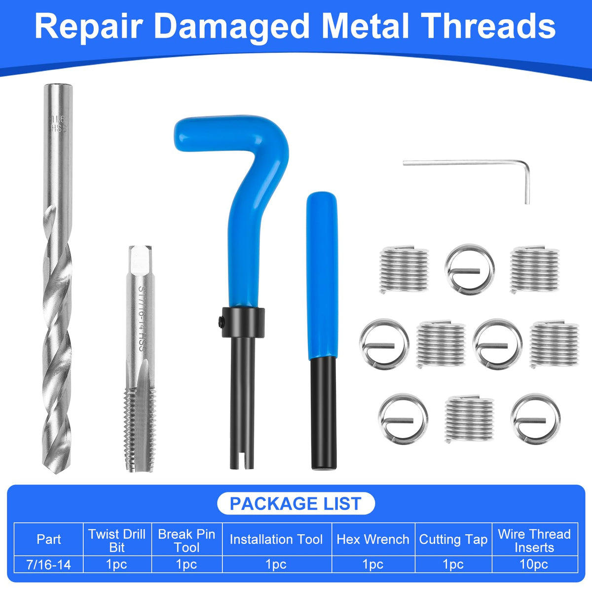 JMMRRR 15PC SAE Helicoil Thread Repair Kit 7/16-14 inch with HSS Drill