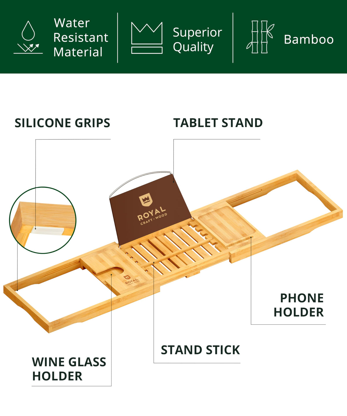 Premium Foldable Bathtub Tray Caddy - Wood Bath Tray for Tub, Bamboo Shelf, Expandable Bath Table Trays, Bathtub &