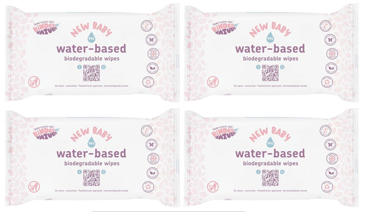 Kinder by Nature Water-Based Baby Wipes - 100% Biodegradable & Compostable, 224 Count (4 Packs of 56) - 99% Water