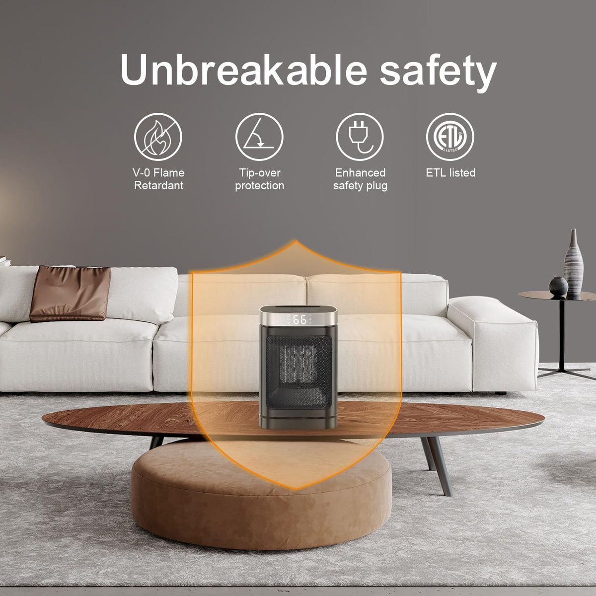 JIBUFI Portable Space Heater for Indoor Use with 70° Oscillation and Remote