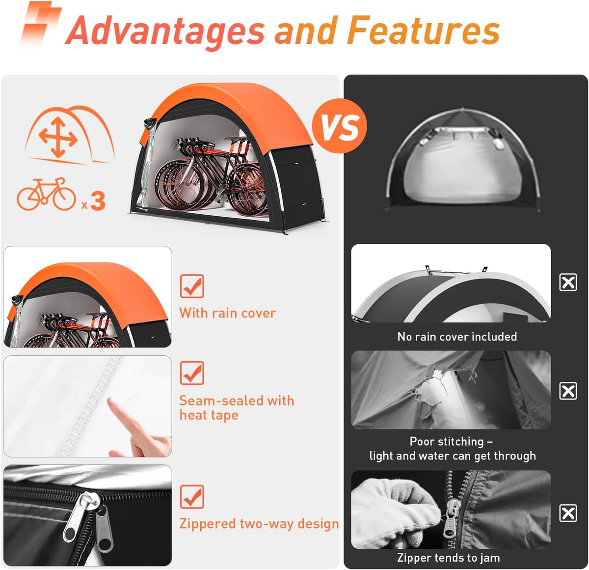 Upgraded Bike Tent with Rain Cover, Outdoor Storage Shed for 2-3 Bikes | 210D Oxford Fabric PU4000 Waterproof, Bike