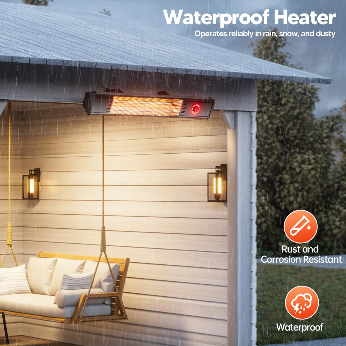 Patio Heater for Outdoor Use 1500W, 8H Timer, Waterproof, Infrared Electric Wall-Mounted Patio Heater, 8 Levels