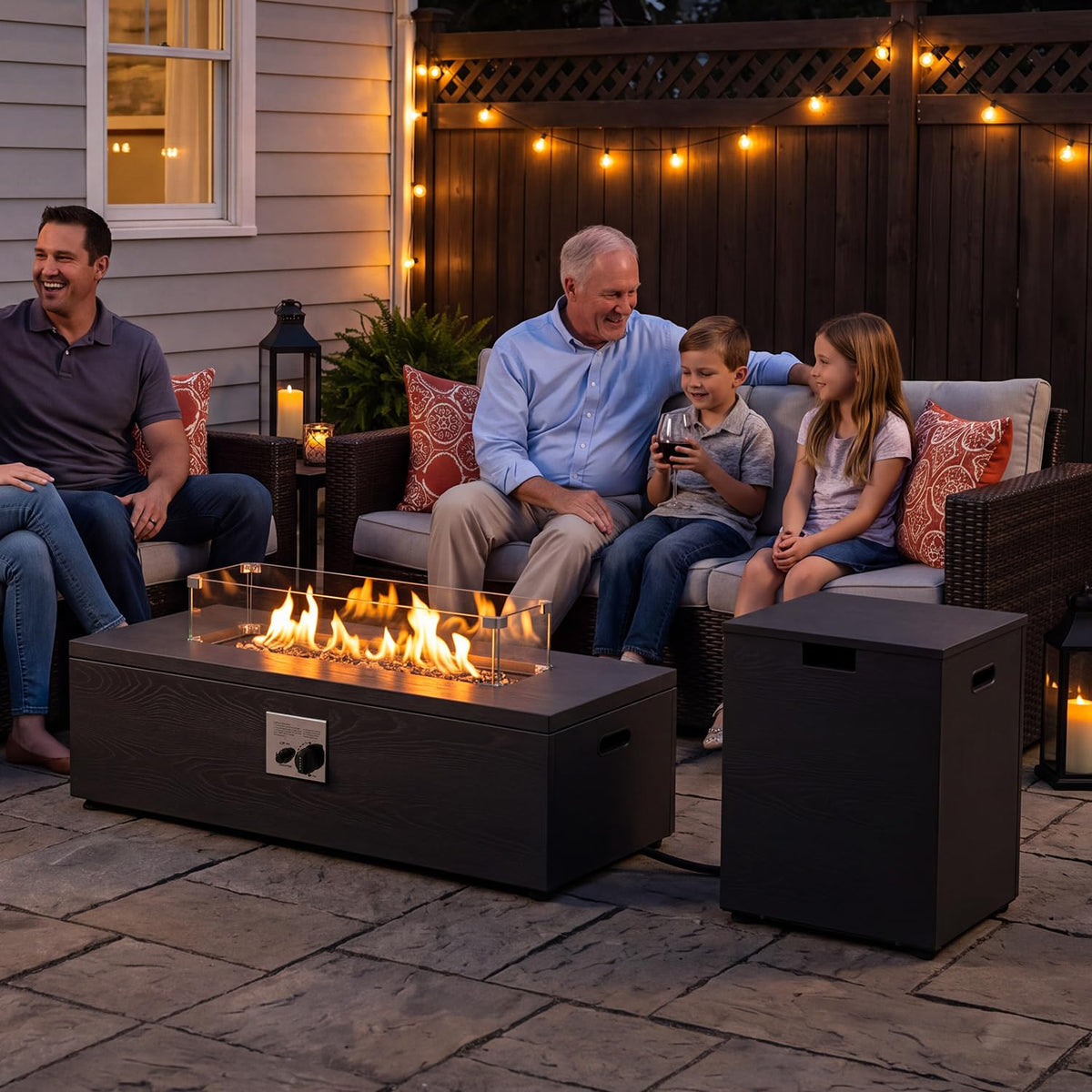 42" Rectangular Propane Fire Pit Table, Grey Wood Grain Iron Gas Fireplace