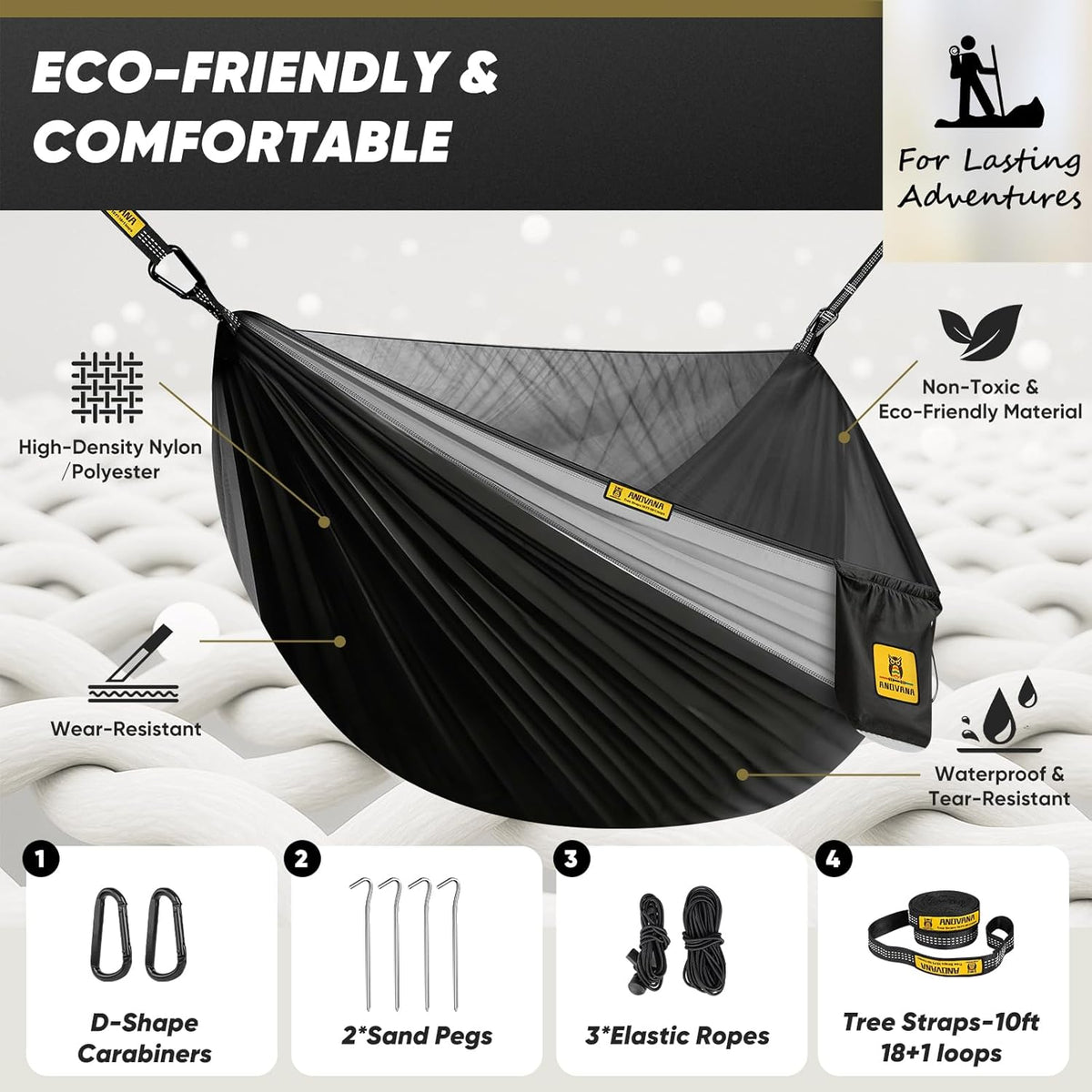 Camping Hammock with Mosquito Net, 500 lbs Portable Hammock with Tree Straps, 2-in-1 Double/Single Travel Hammock