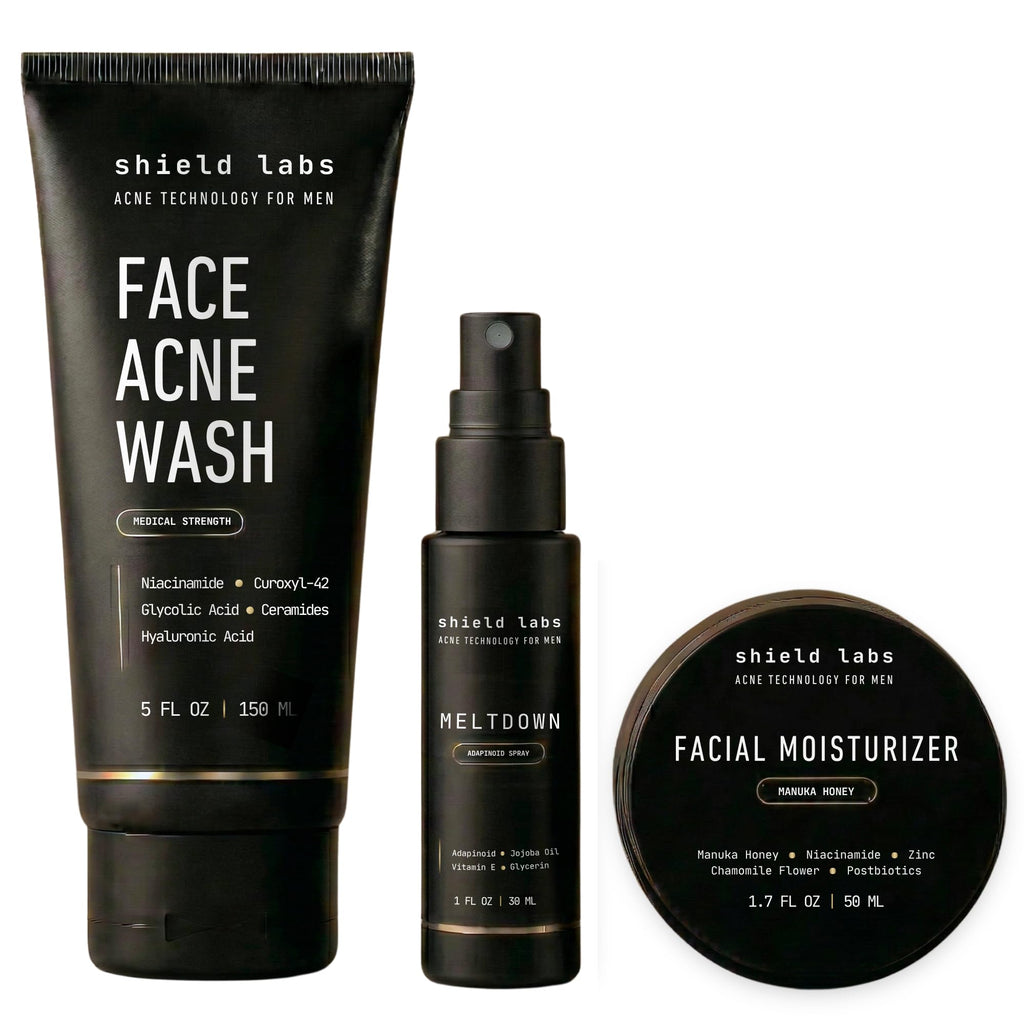 Face Acne System for Men and Boys, Easy 3-Step Clear Skin Kit with 4% Benzoyl Peroxide Face Wash, Adapinoid Spray and