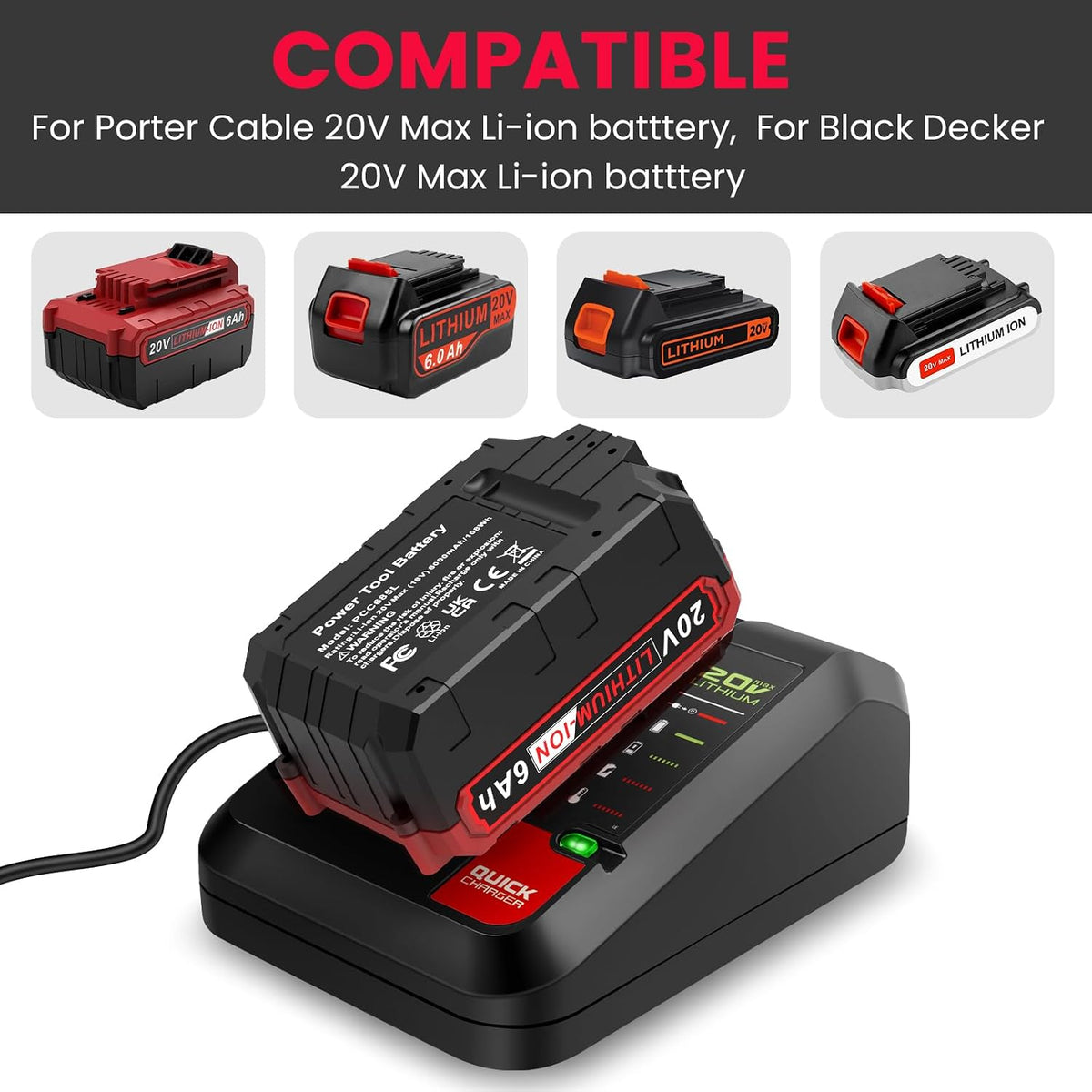 Labtec 2-Pack 6.0Ah 20V Battery PCC685L and Battery Charger Kit Compatible with Porter-Cable