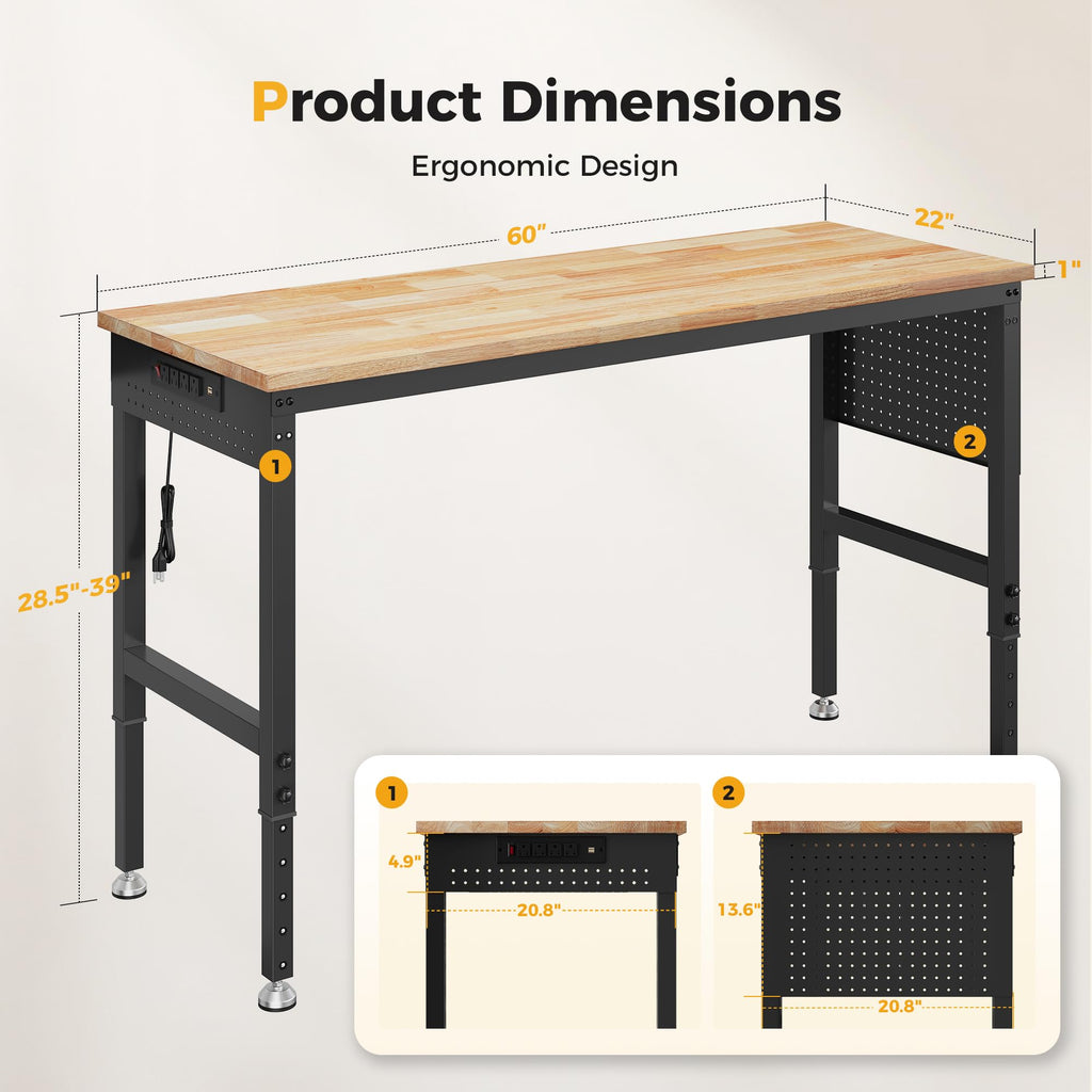 60" Adjustable Workbench, 2000LBS Max Load, Pegboard & Power Strip
