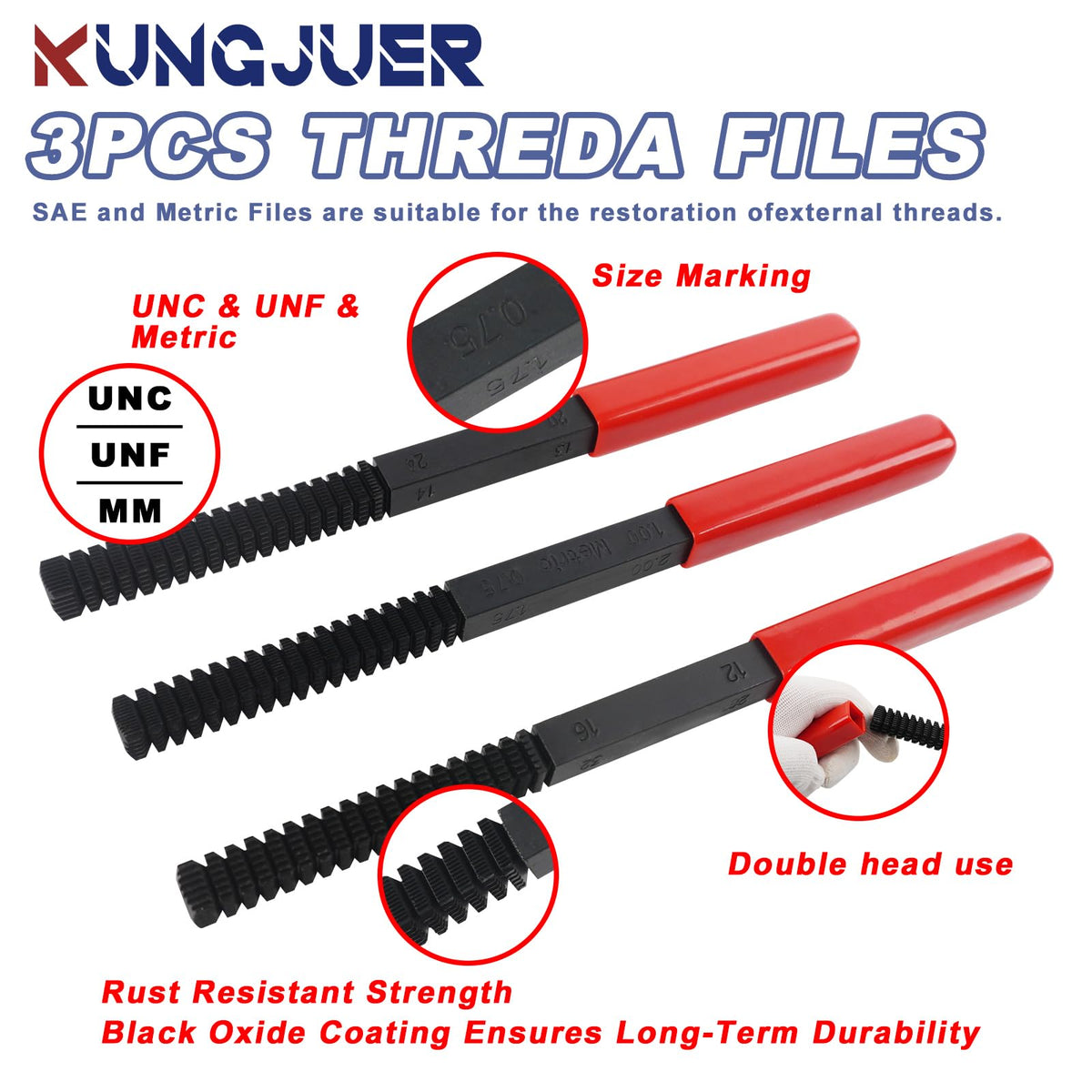 KUNGJUER 3Pcs Thread File Set, Thread Restoring Chaser Files Metric and SAE