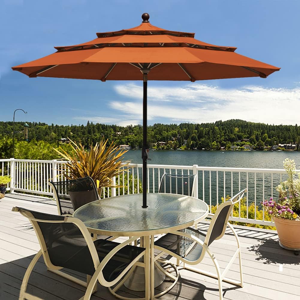 USA 10-Year-Non-Fading 9ft 3-Tier Market Patio Umbrella, Commercial Grade Outdoor Table Umbrella with Crank Open