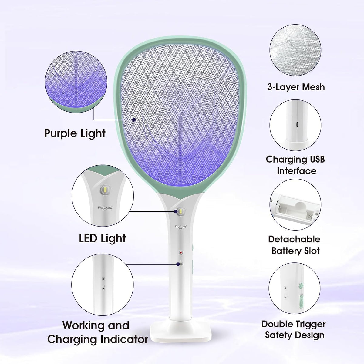 Rechargeable Handheld Bug Zapper Racket 2 in 1 Electric Fly Swatter (2 in 1 Green)
