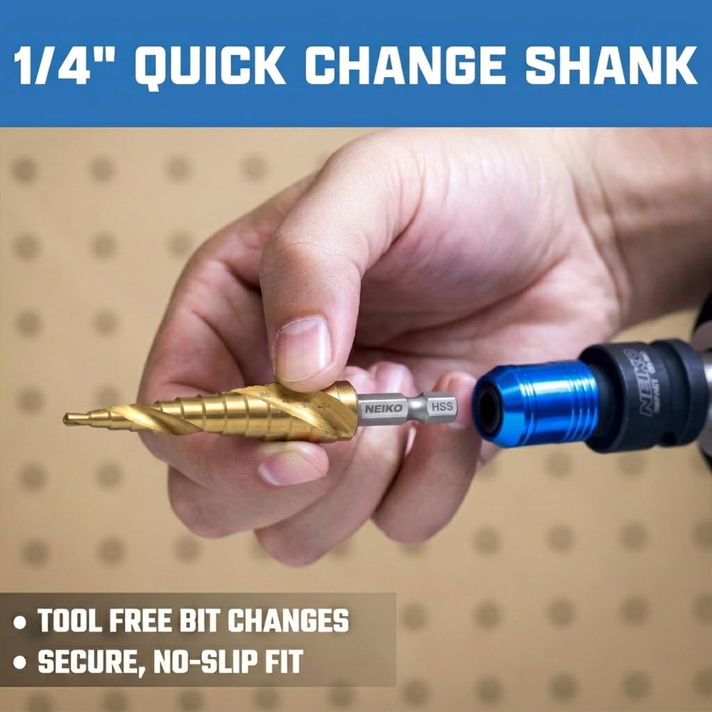 NEIKO 10611A Step Drill Bit, 12 Steps 3/16" to 7/8" Spiral High Speed Steel, Titanium Nitride Coated, 1/4" Quick Change Step Bits for Steel, Metal, Wood, Plastic, Unibit Cone Drill Bits, Two Flute