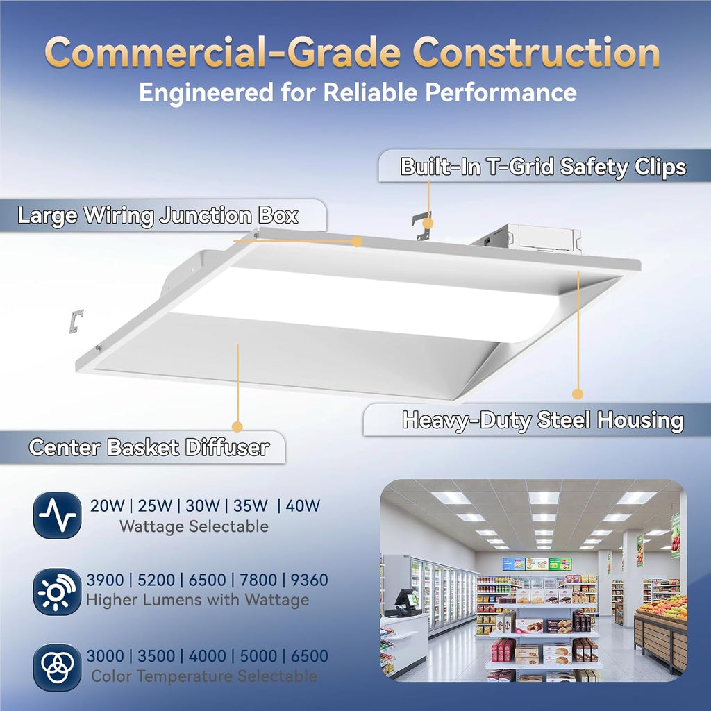 2x2 LED Troffer Light, 5 Wattages, 5CCT, 0-10V Dimmable, 4 Pack